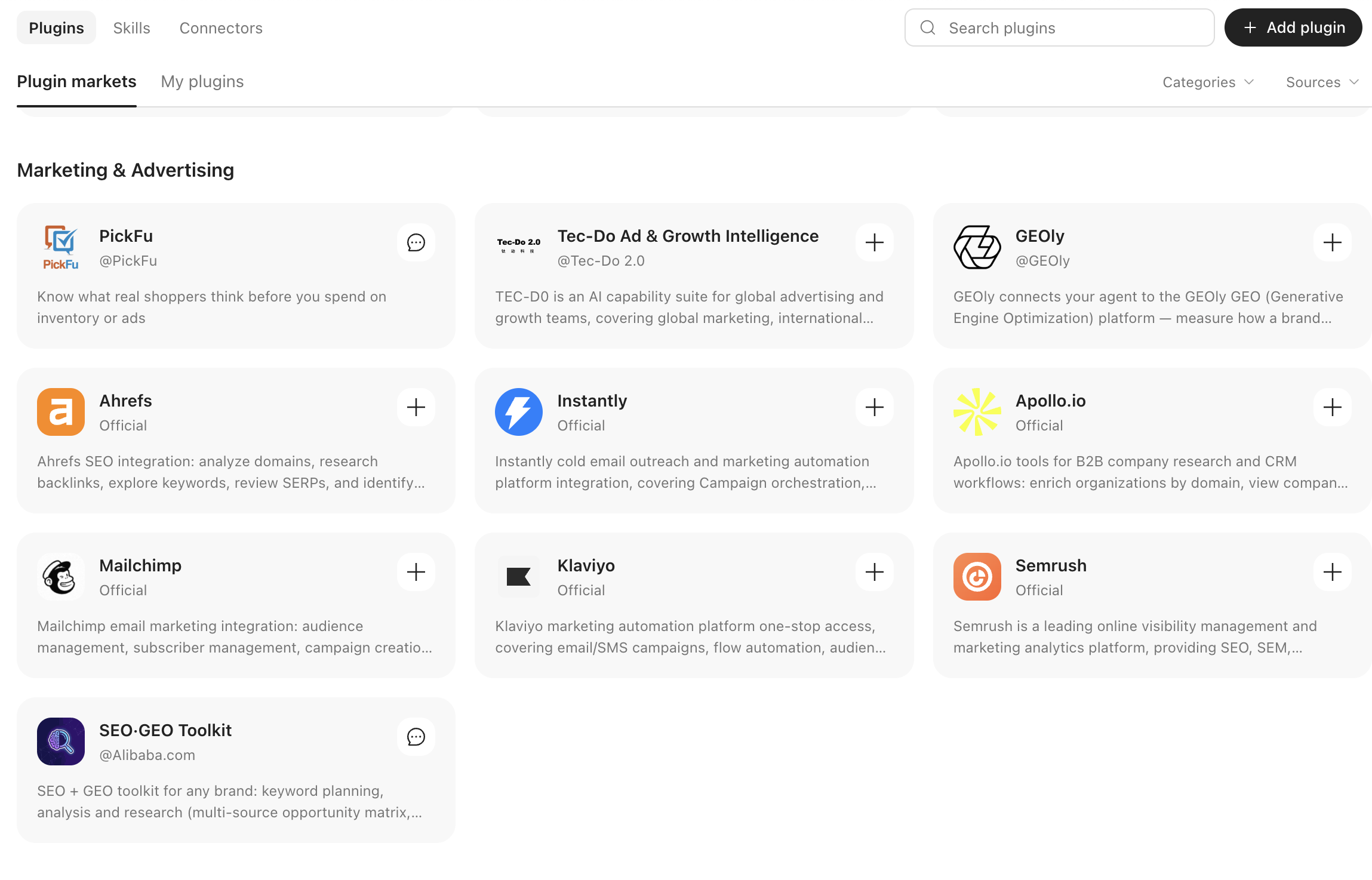 The PickFu plugin listed under Marketing & Advertising in the Accio Work plugin market, alongside Ahrefs, Mailchimp, and Semrush.