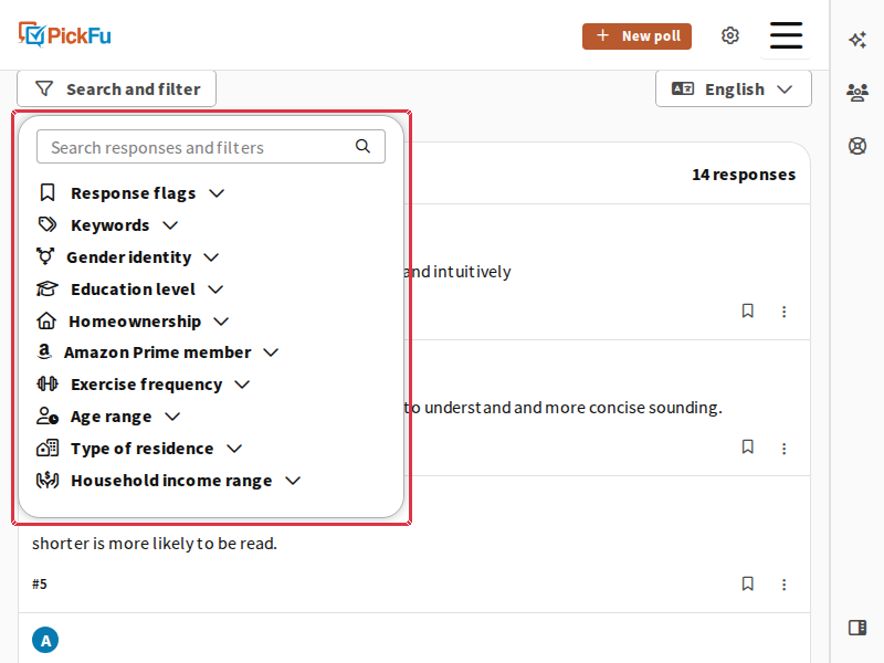 Search and filter panel open, showing the full list of filter categories including Response flags, Keywords, and demographic sections