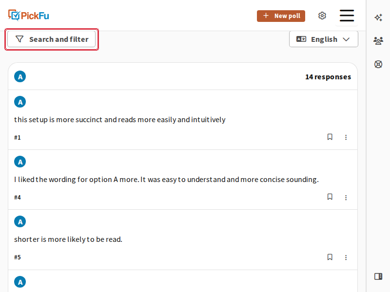Responses section with the Search and filter button outlined in red
