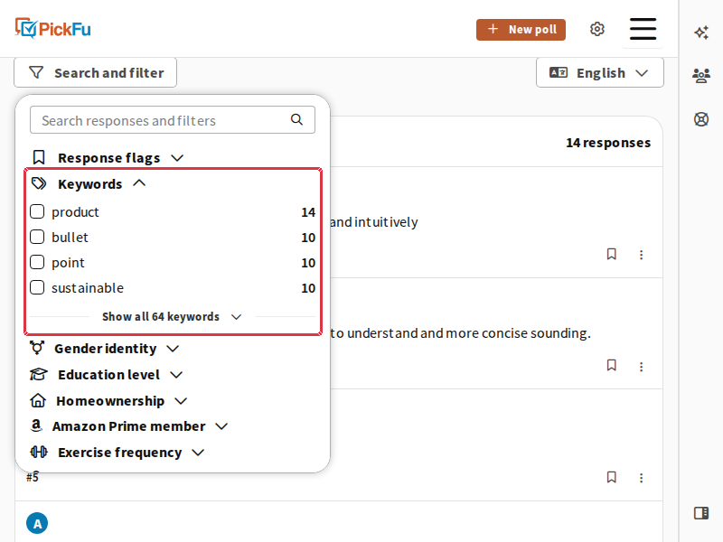 Keywords section inside the Search and filter panel, expanded to show keyword checkboxes with response counts