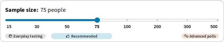 The sample size control in the PickFu survey builder showing 75 respondents selected