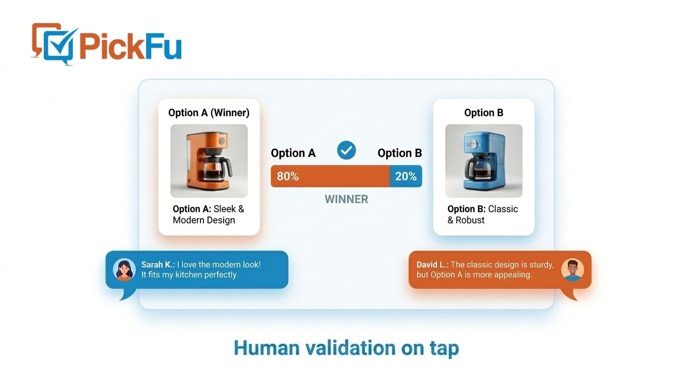 A PickFu result — two product options compared, with a clear winner by vote split (80% vs 20%) and written comments from real respondents, under the headline “Human validation on tap.”