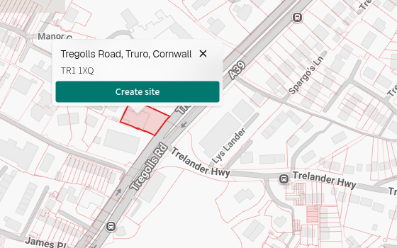 A selected location on the Add site map, with the Create site button open.