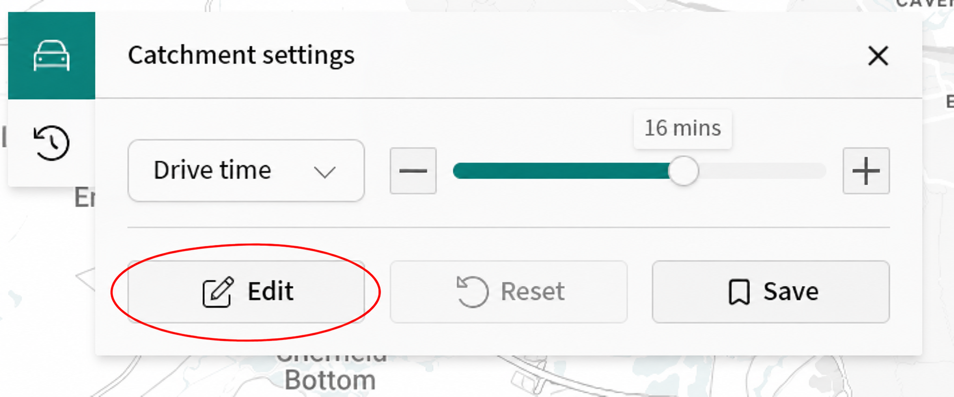 Catchment settings with a red circle around the Edit button.