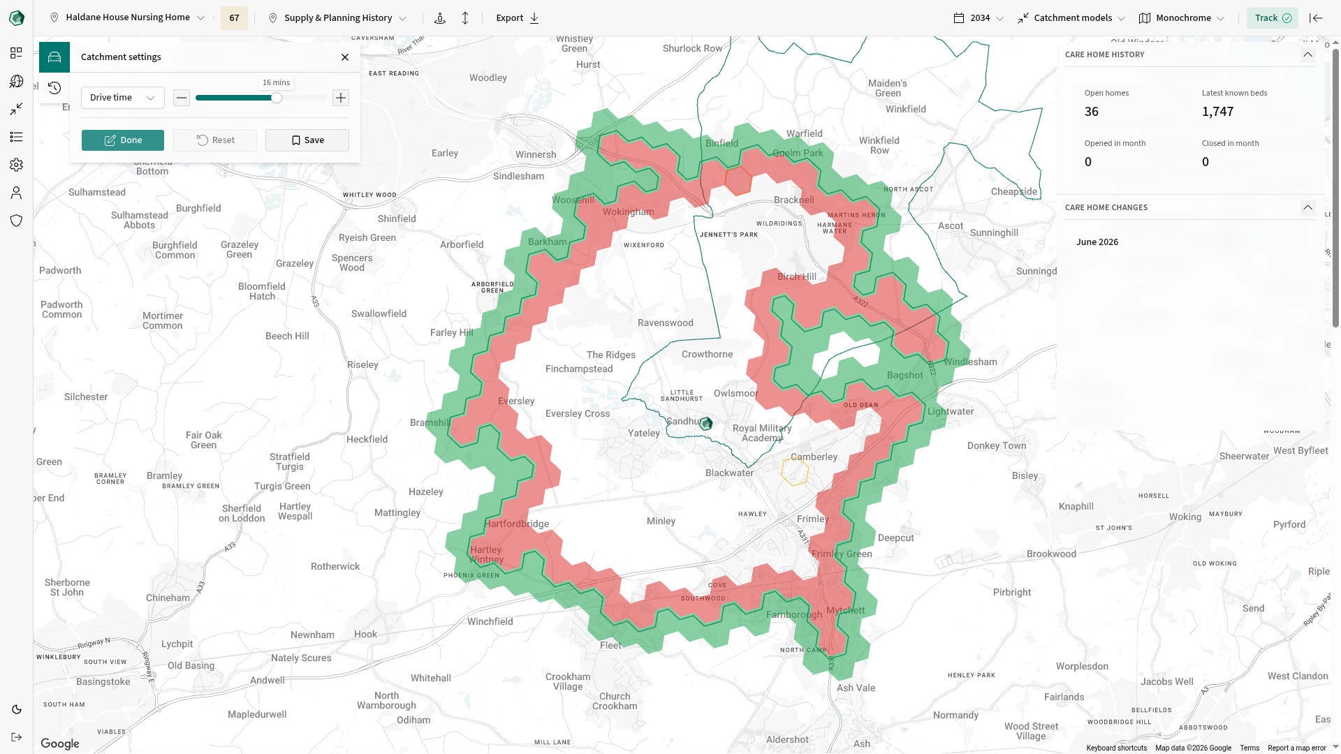 Catchment hex editing enabled, showing green hexes outside the boundary, red hexes inside it, and the Done button in Catchment settings.