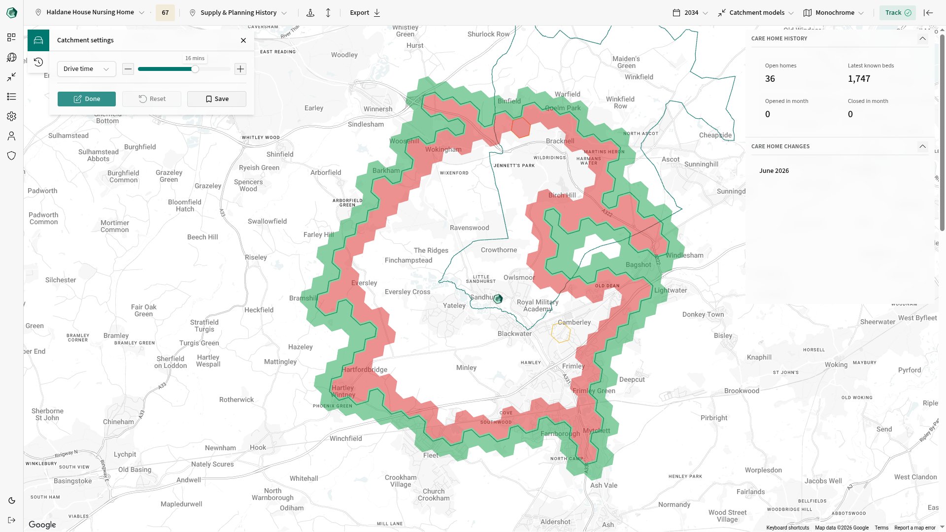 Catchment hex editing enabled, showing green hexes outside the boundary, red hexes inside it, and the Done button in Catchment settings.