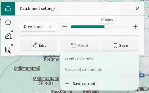 Save menu in Catchment settings, showing Save current.