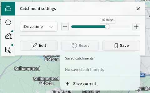 Save menu in Catchment settings, showing Save current.