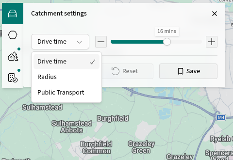 Catchment settings with the type menu open, showing Drive time, Radius and Public Transport.