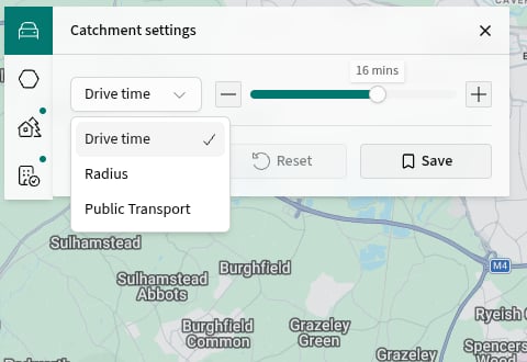Catchment settings with the type menu open, showing Drive time, Radius and Public Transport.
