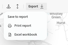 Export menu showing Print report and Excel workbook.