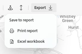 Export menu showing Print report and Excel workbook.