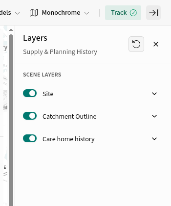 Layers panel showing switches for Site, Catchment Outline and Care home history, with the reset control above.