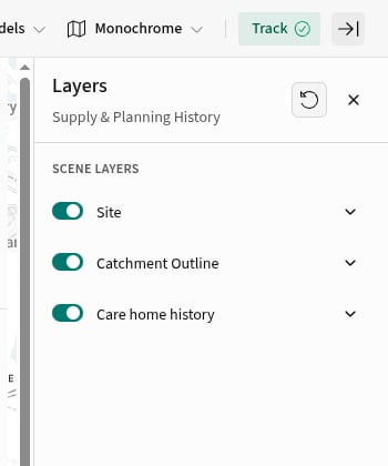 Layers panel showing switches for Site, Catchment Outline and Care home history, with the reset control above.