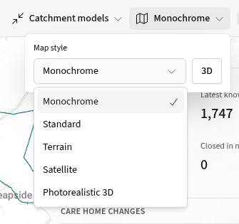 Map style menu showing Monochrome, Standard, Terrain, Satellite and Photorealistic 3D, alongside the 3D button.