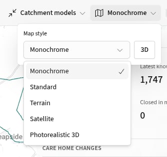 Map style menu showing Monochrome, Standard, Terrain, Satellite and Photorealistic 3D, alongside the 3D button.