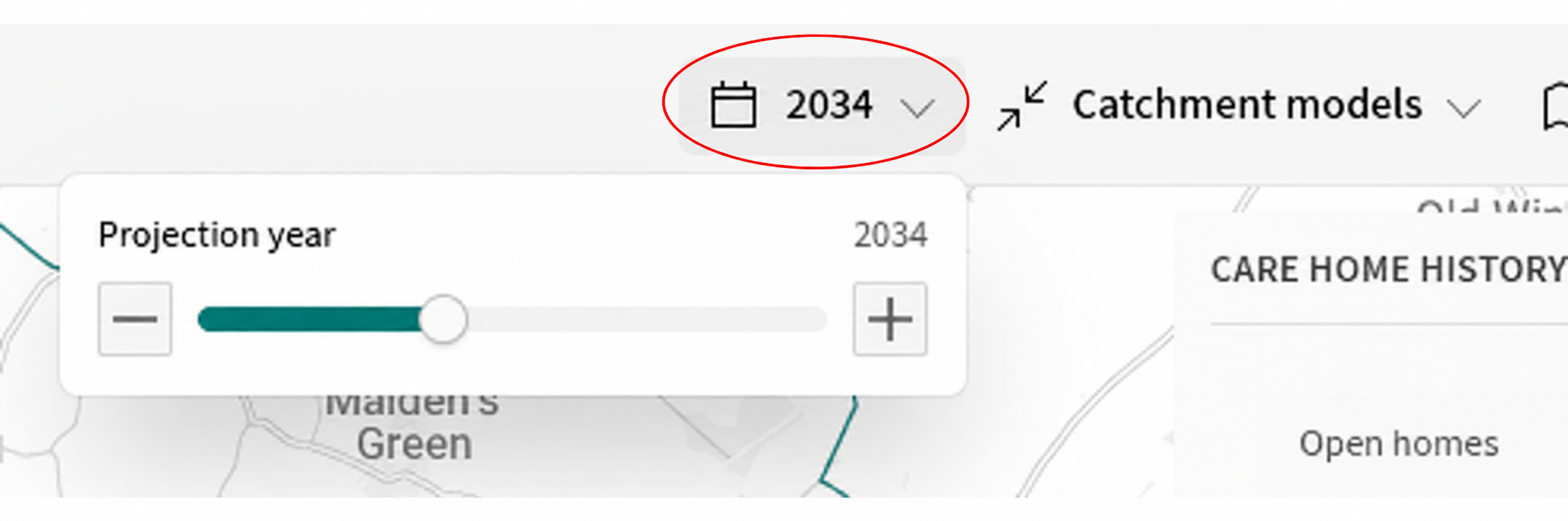 Year selector circled in red, with the Projection year slider and minus and plus buttons open below it.