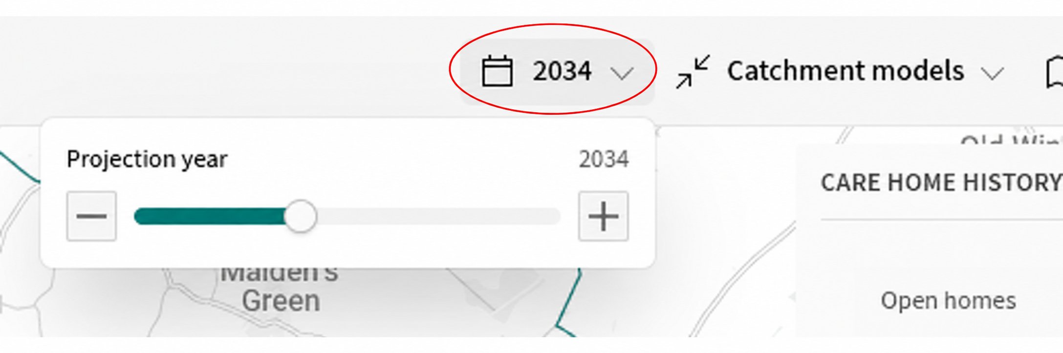 Year selector circled in red, with the Projection year slider and minus and plus buttons open below it.