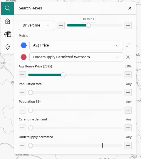 Search Hexes panel with catchment range, two selected metrics and threshold sliders.