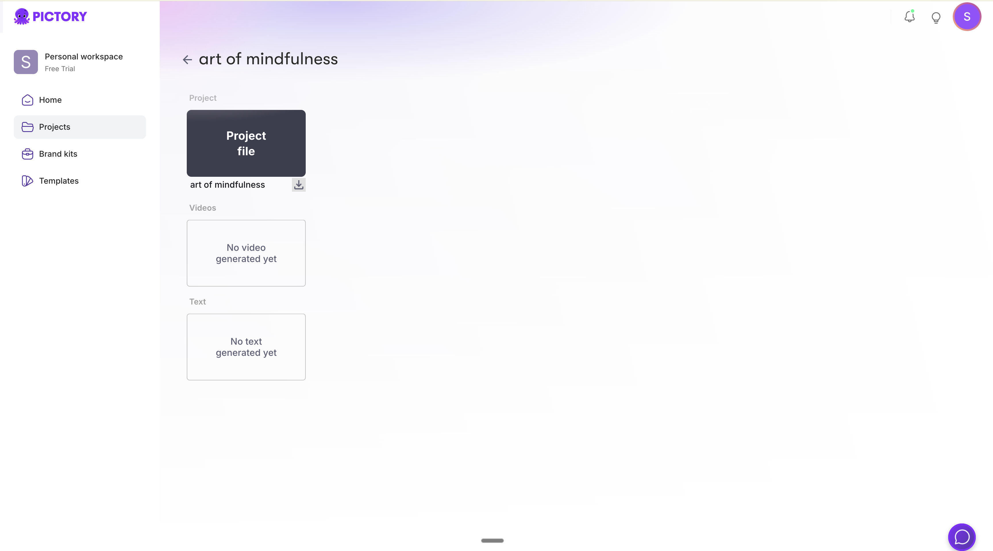 Pictory projects page with download button highlighted for the project file