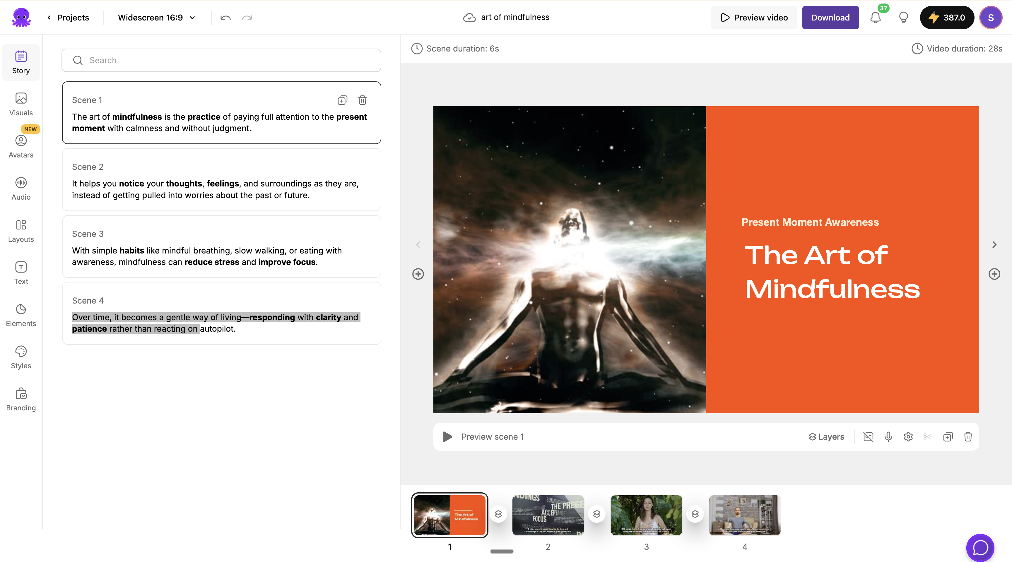 Pictory storyboard editor with scenes showing layered text, background visuals, and subtitles