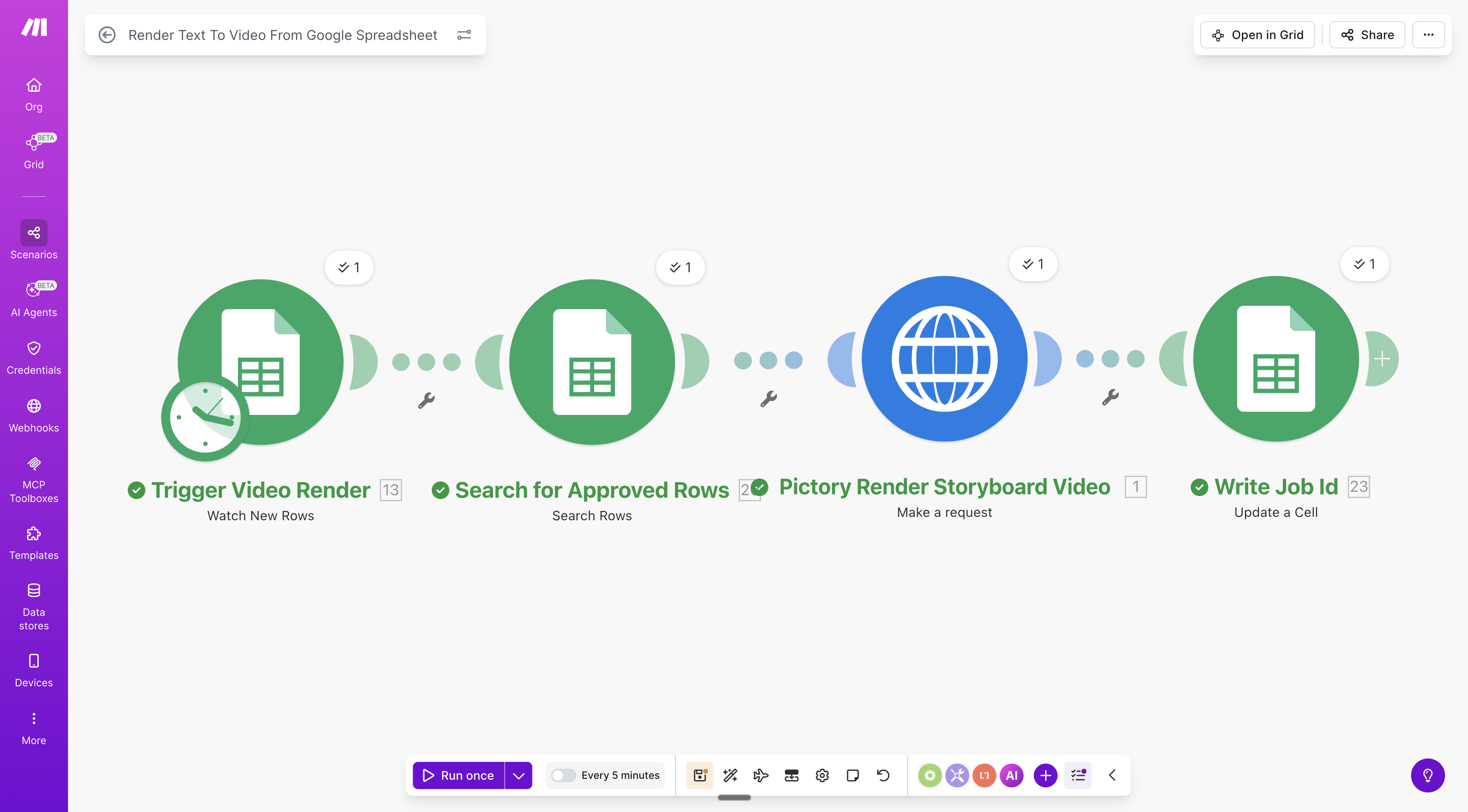 Make.com scenario for rendering video from Google Spreadsheet