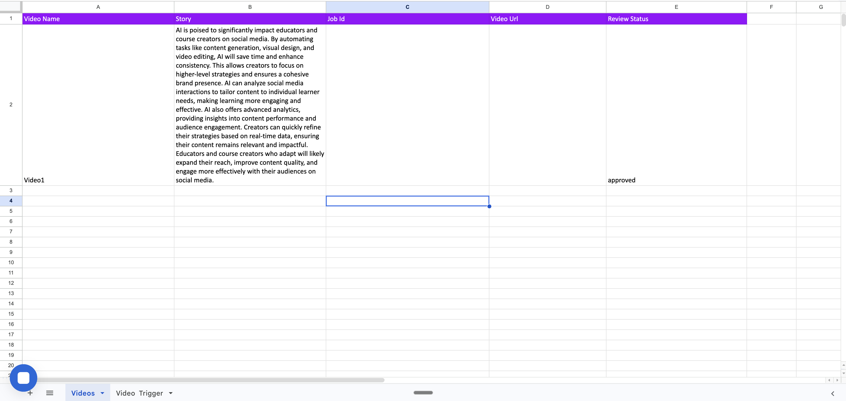 Google Sheets Videos sheet with video data ready for rendering
