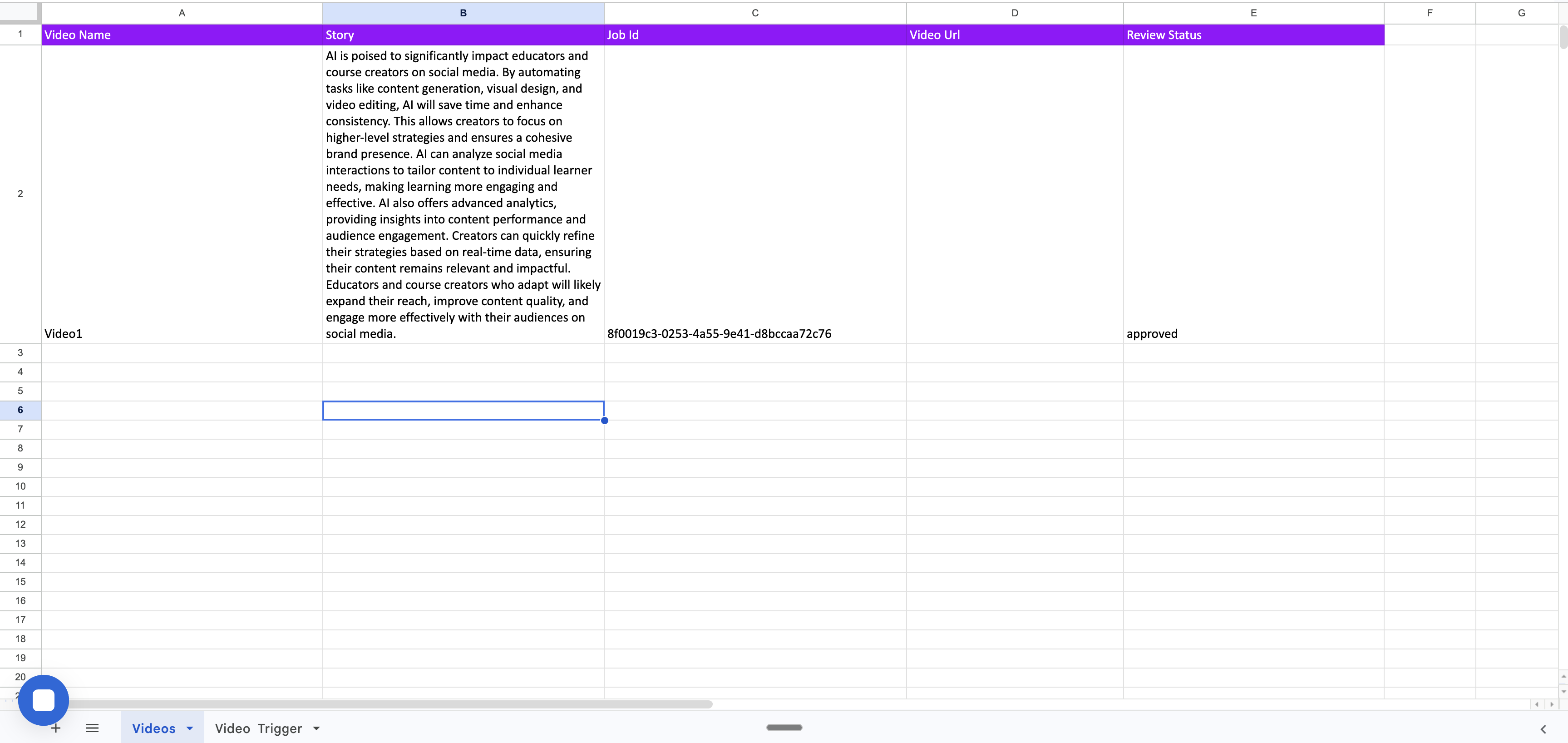 Spreadsheet state after render submission with job ID