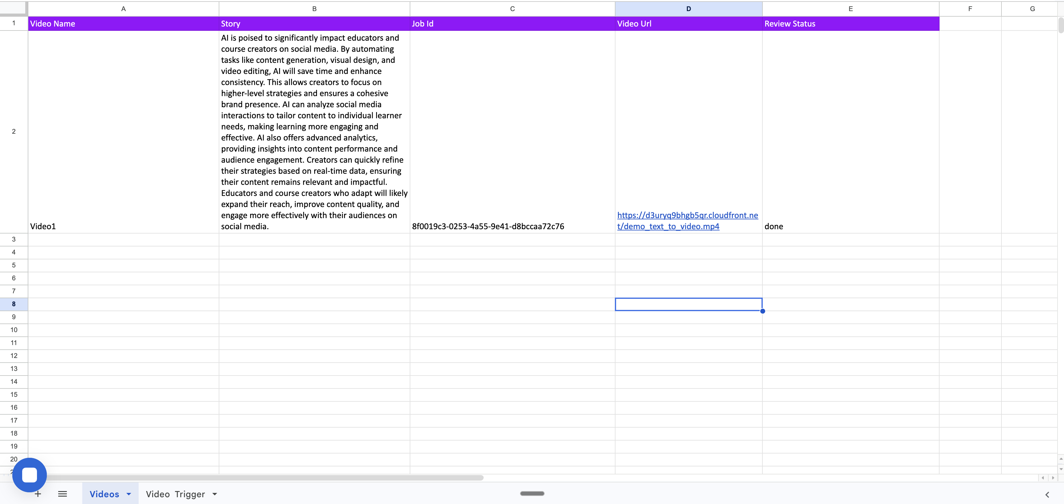 Spreadsheet state after rendering complete with video URL and done status