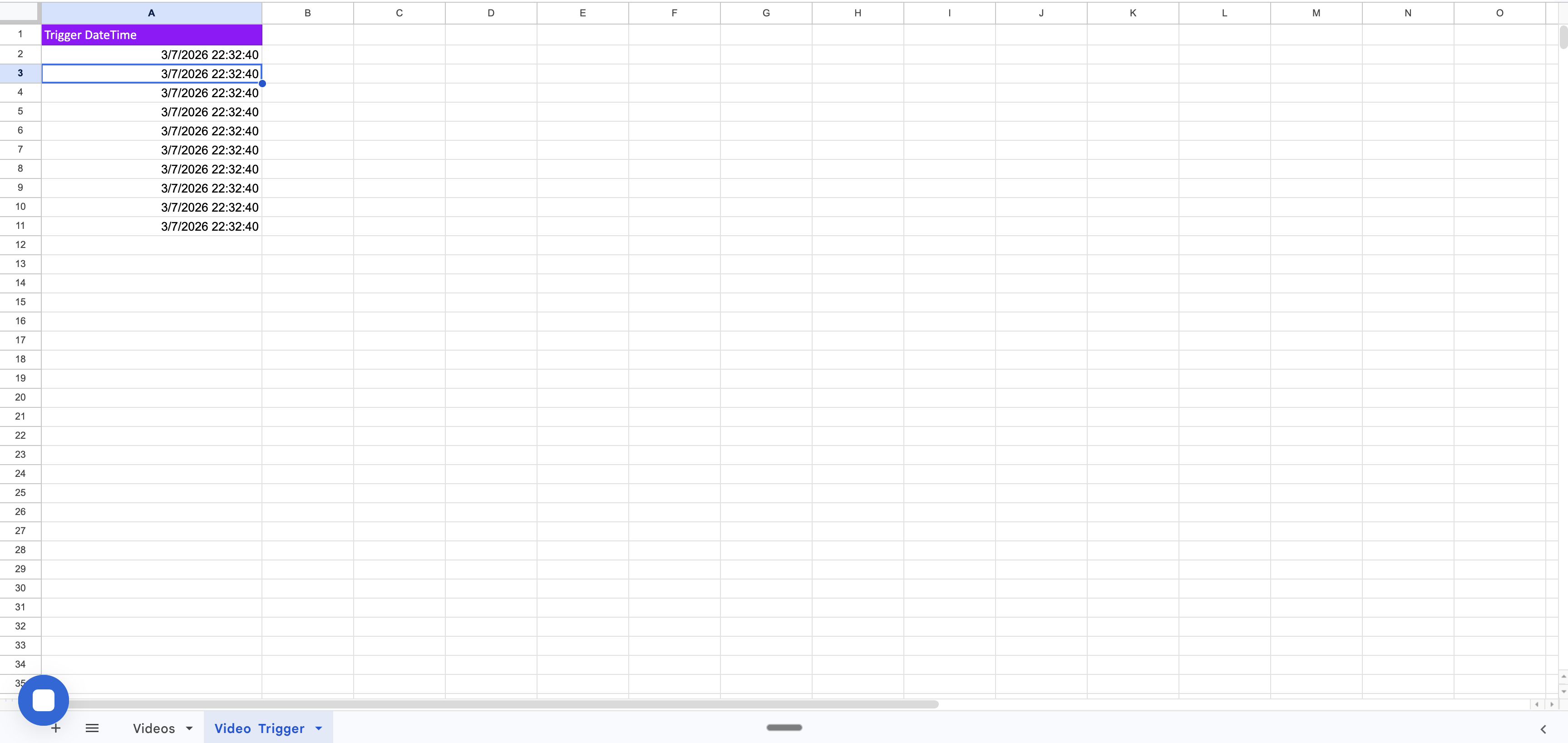 Google Sheets Video Trigger sheet with datetime entries