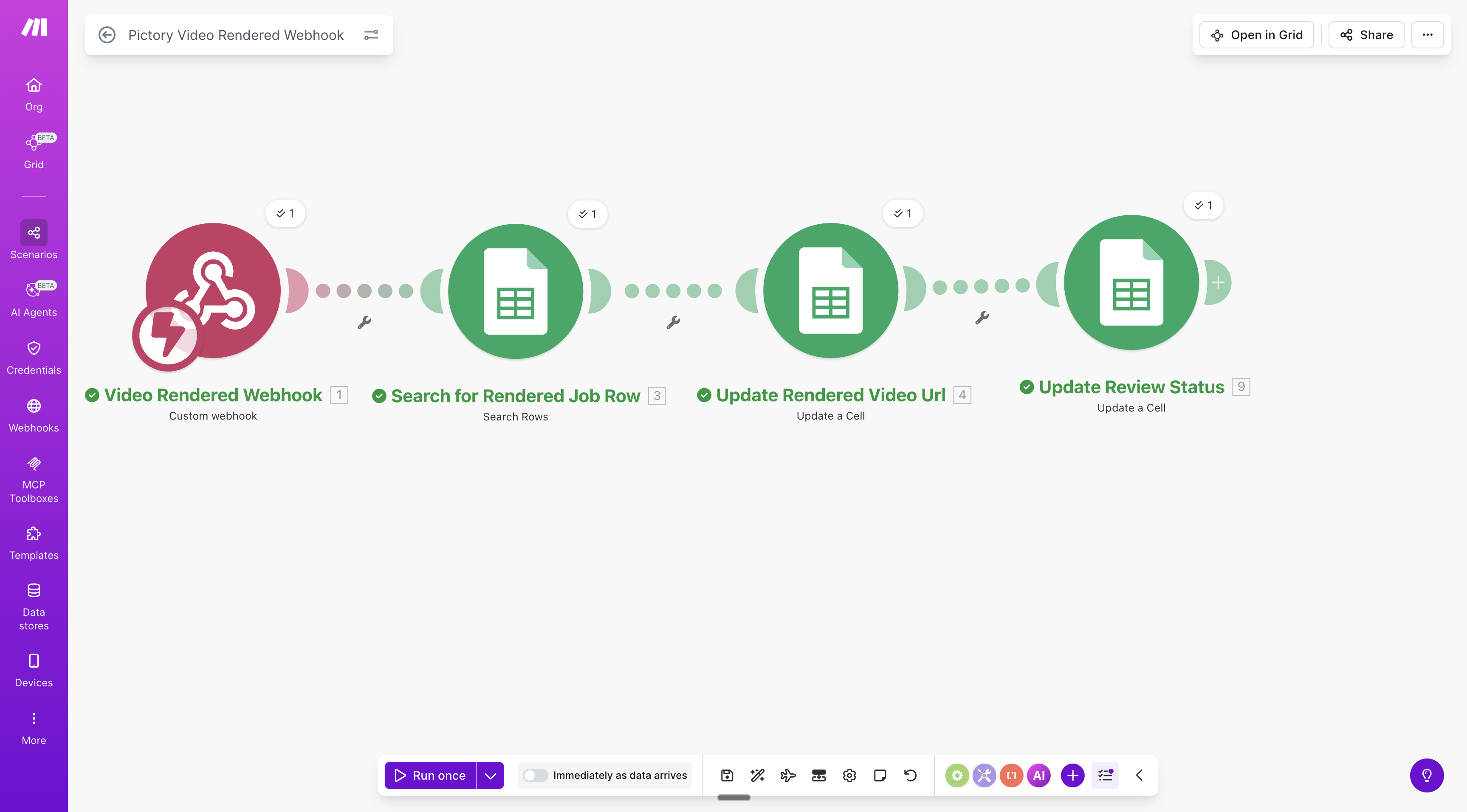 Make.com scenario for video rendered webhook