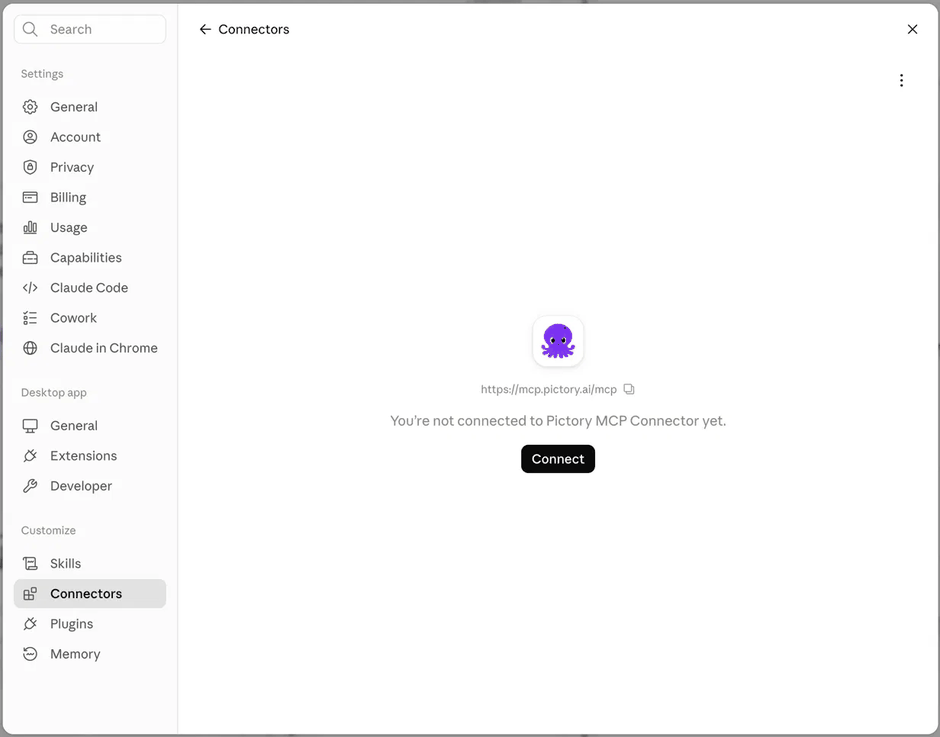 The Pictory MCP Connector page showing it is not connected yet