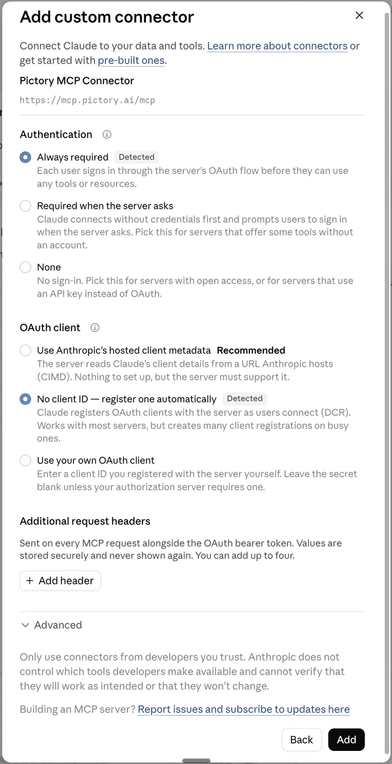 The authentication settings for the connector, both marked Detected