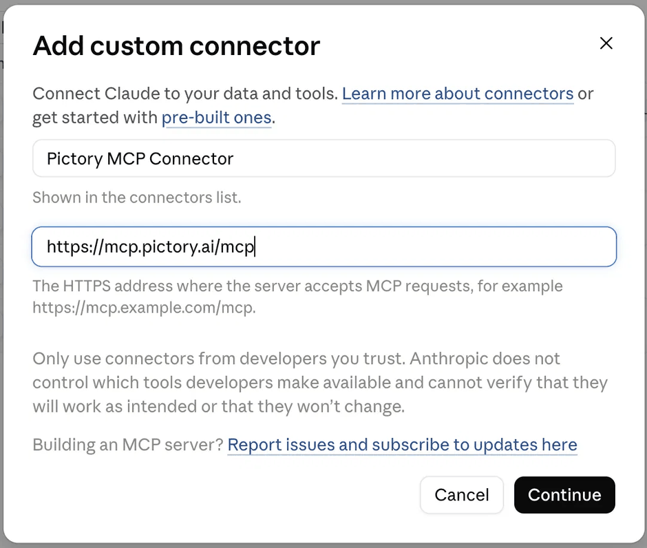 The Add custom connector dialog with the name and server URL filled in