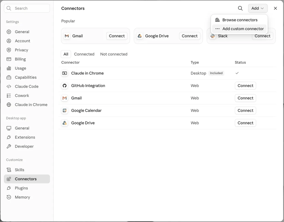 The Connectors page in Claude settings with the Add menu open