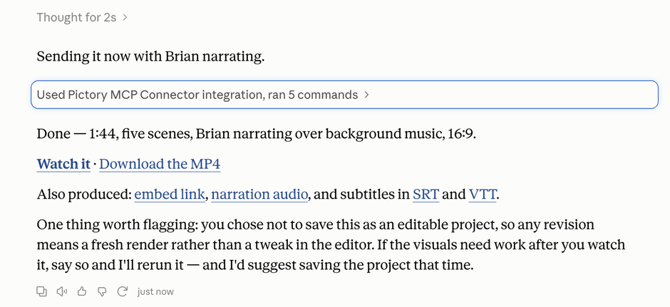 Claude reporting a finished video with its links and files
