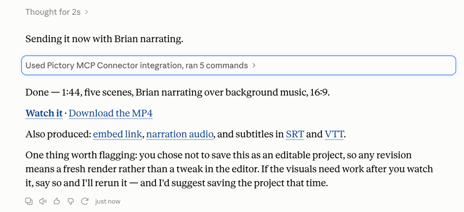 Claude reporting a finished video with its links and files