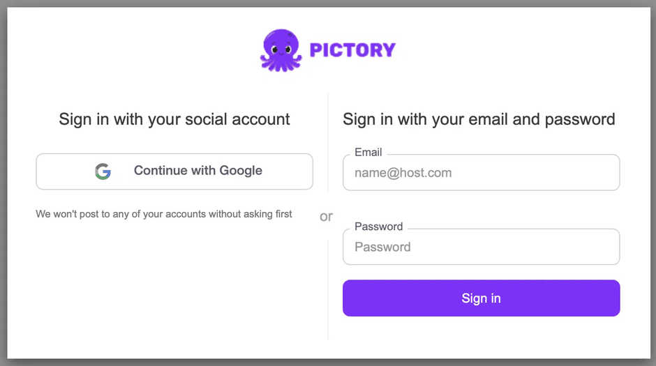 The Pictory sign-in page