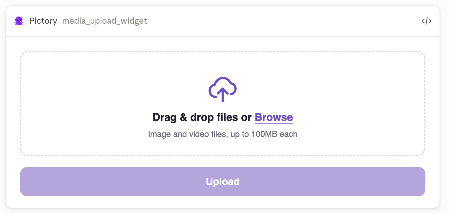 The Pictory upload panel in Claude with a drag and drop area, a Browse link, and an Upload button