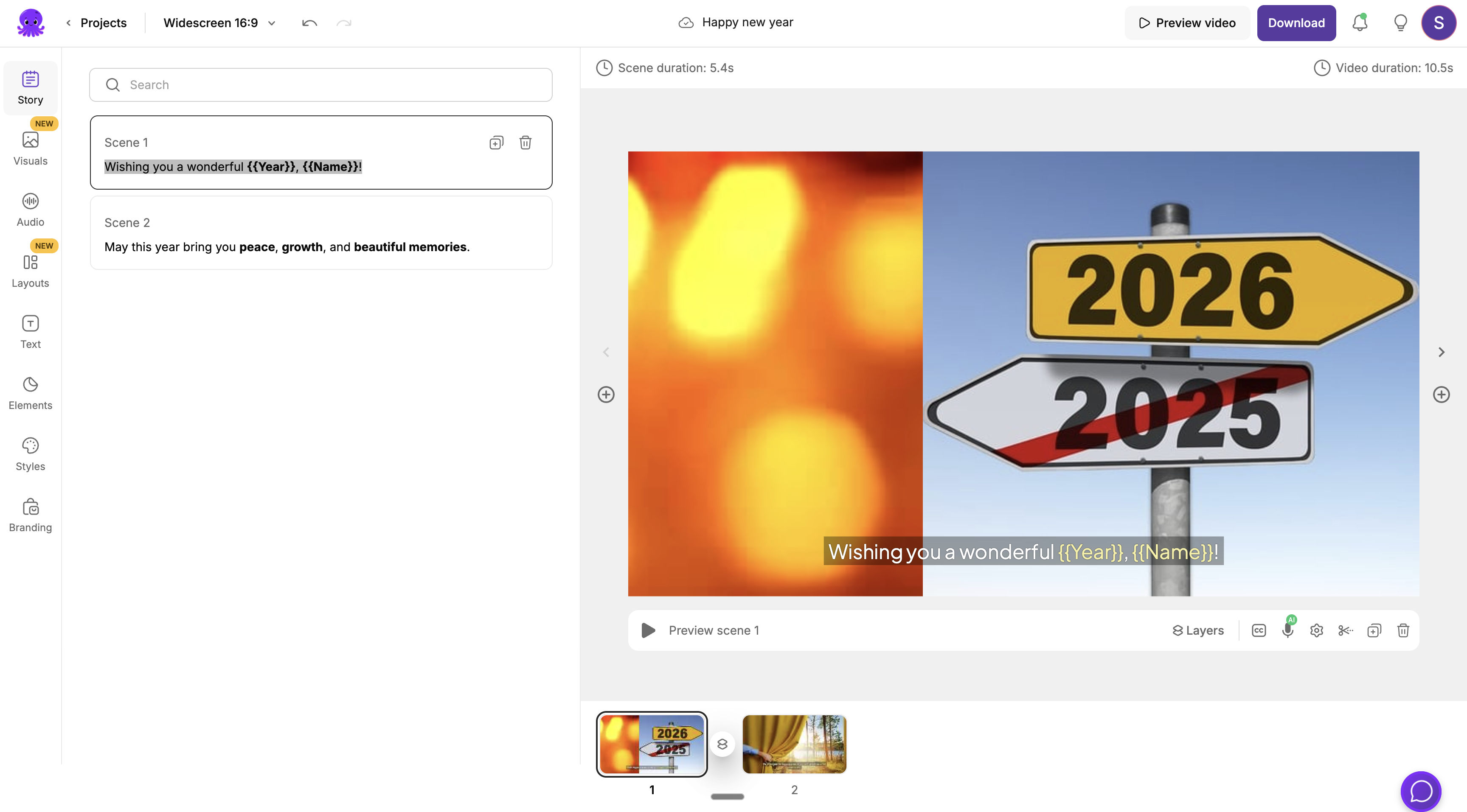 Pictory project storyboard showing template variables in scene subtitles