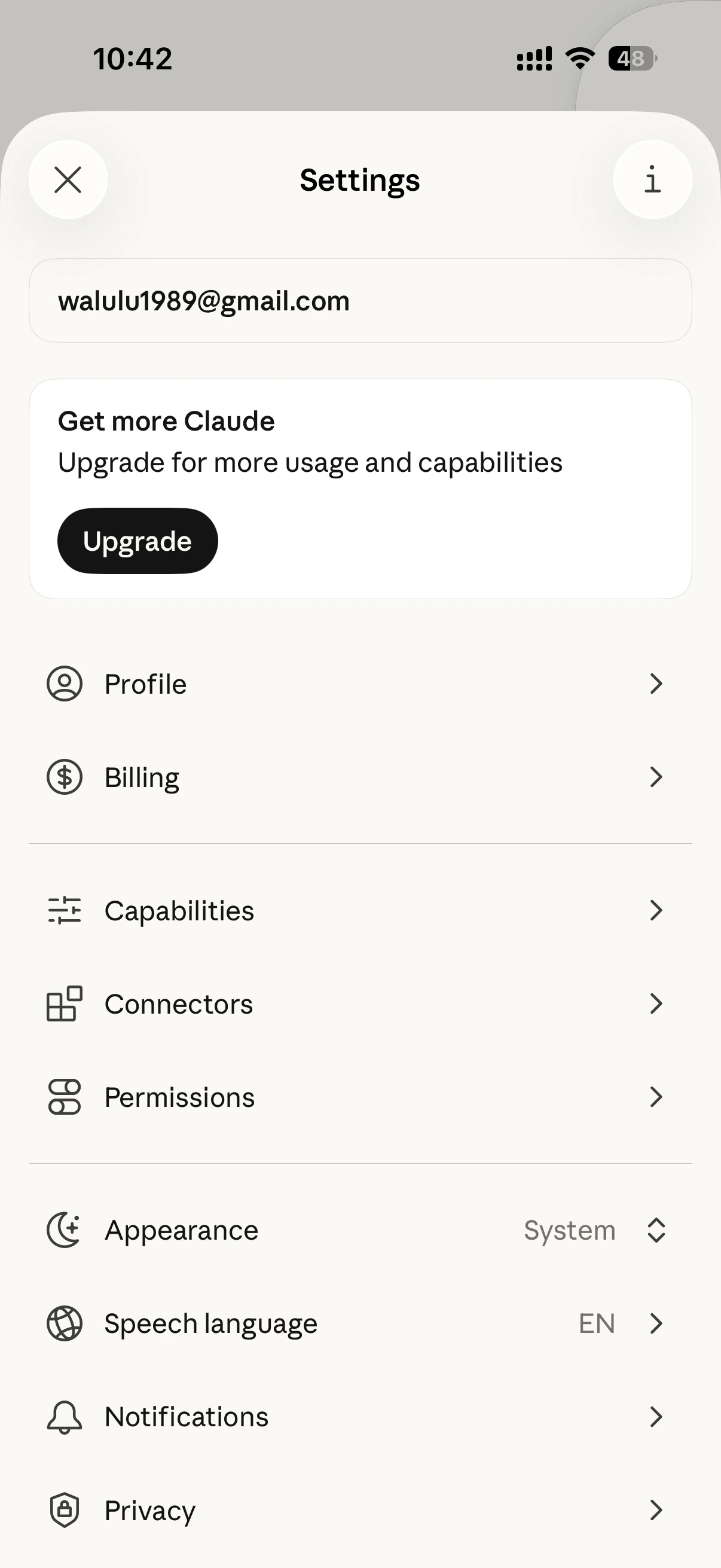 Claude App 设置页面显示升级按钮