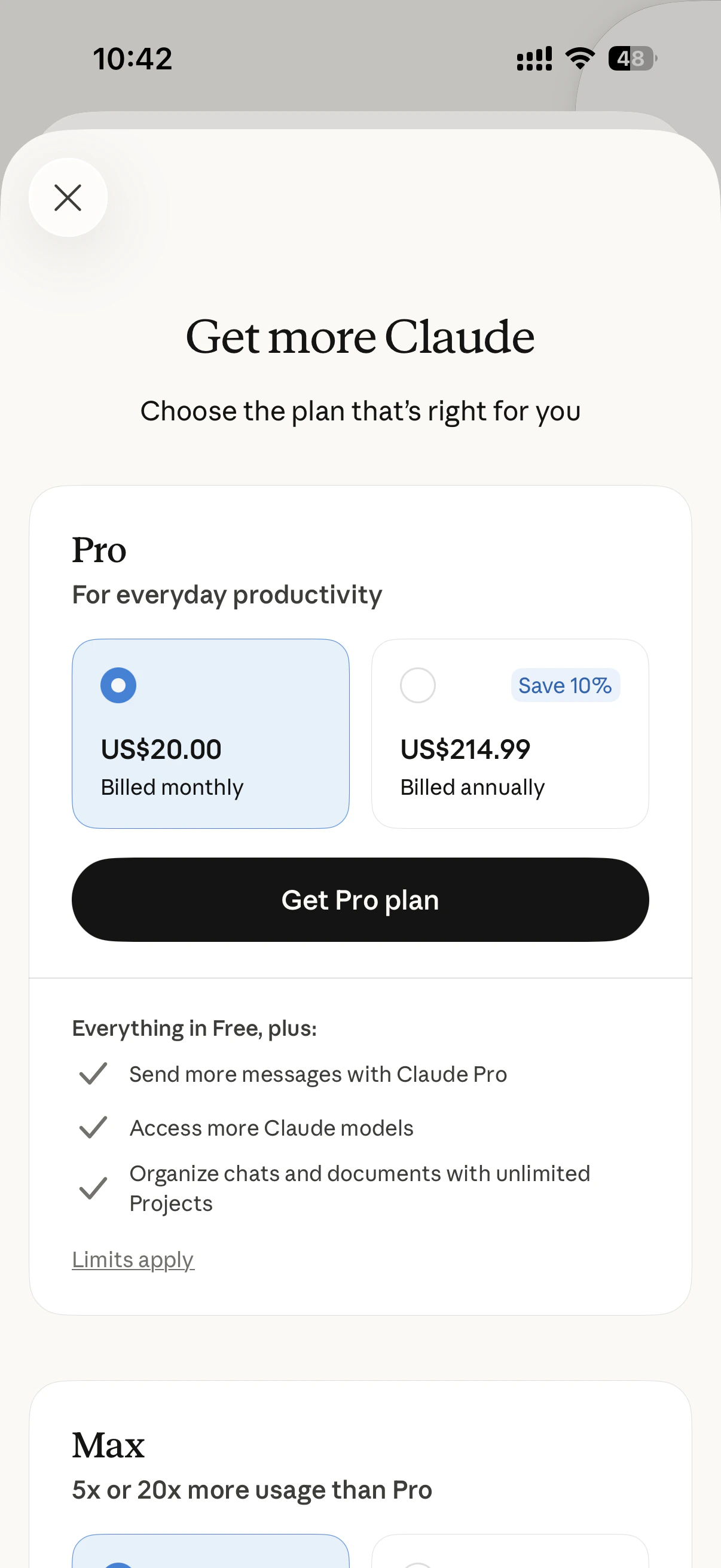 Claude Pro 套餐选择页面
