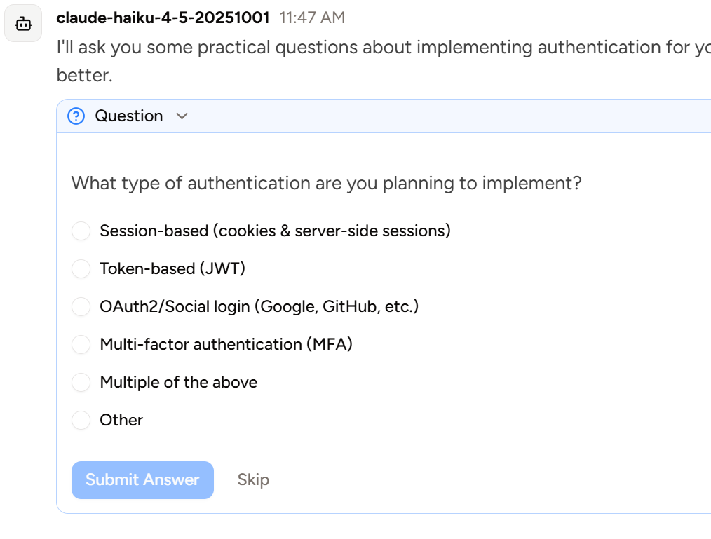 Screenshot of a question 'What type of authentication are you planning to implement' asked by the AI, with several answers available to choose from