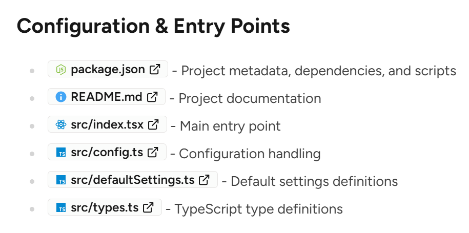 Screenshot of several file paths made clickable with colored icons for the different filetypes (.json, .md, .tsx, .ts)