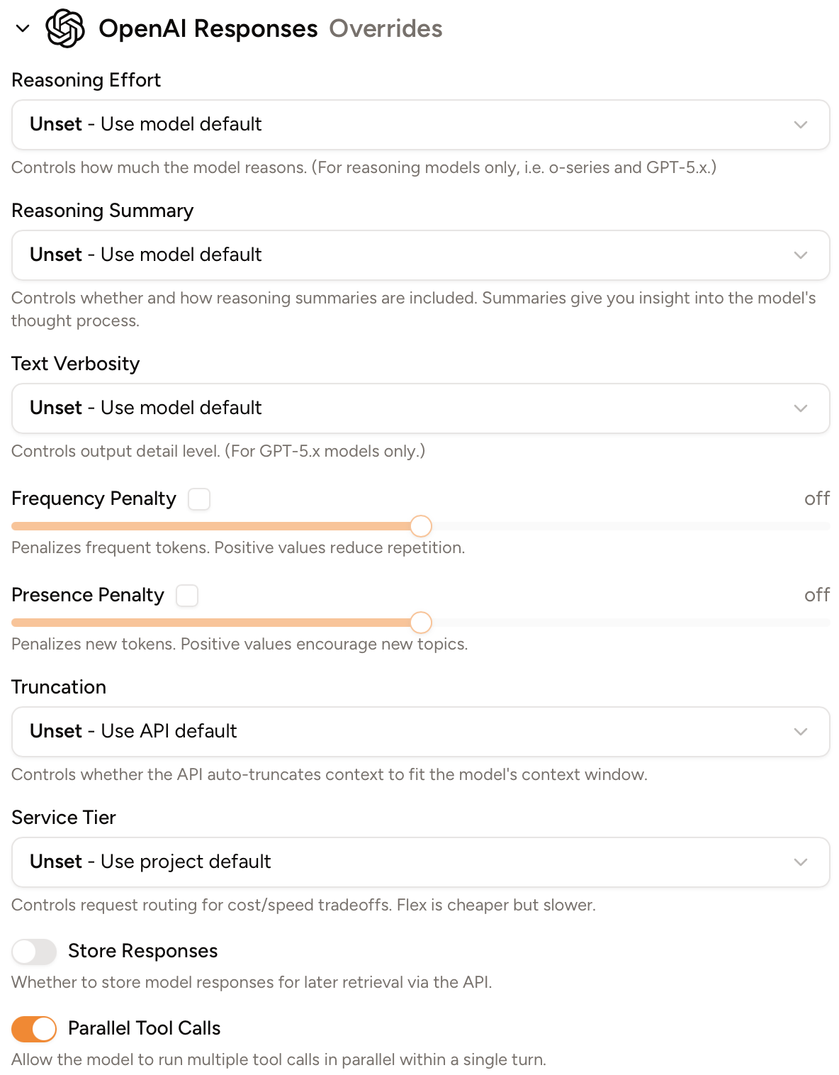 Screenshot of the 'OpenAI Responses Overrides' in a chat's config