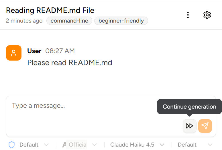 Screenshot of Continue button in a chat with a user message but no AI message.
