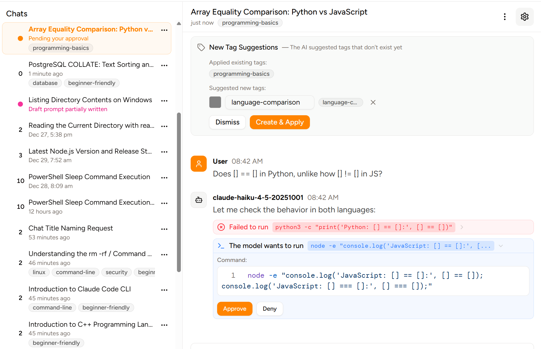 Screenshot of an new AI-proposed 'language-comparison' tag