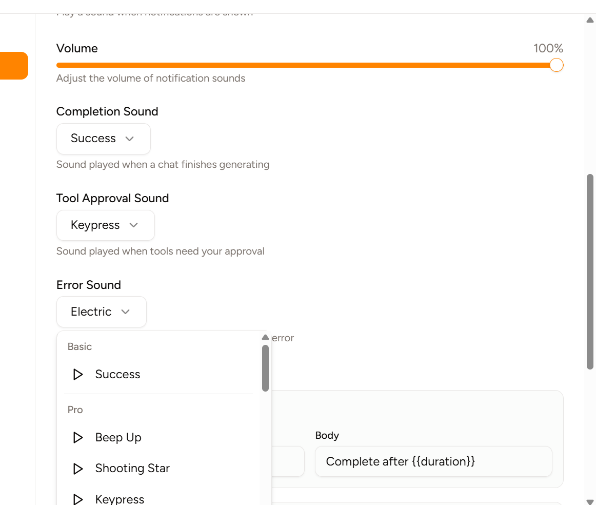 Screenshot of the notification settings
