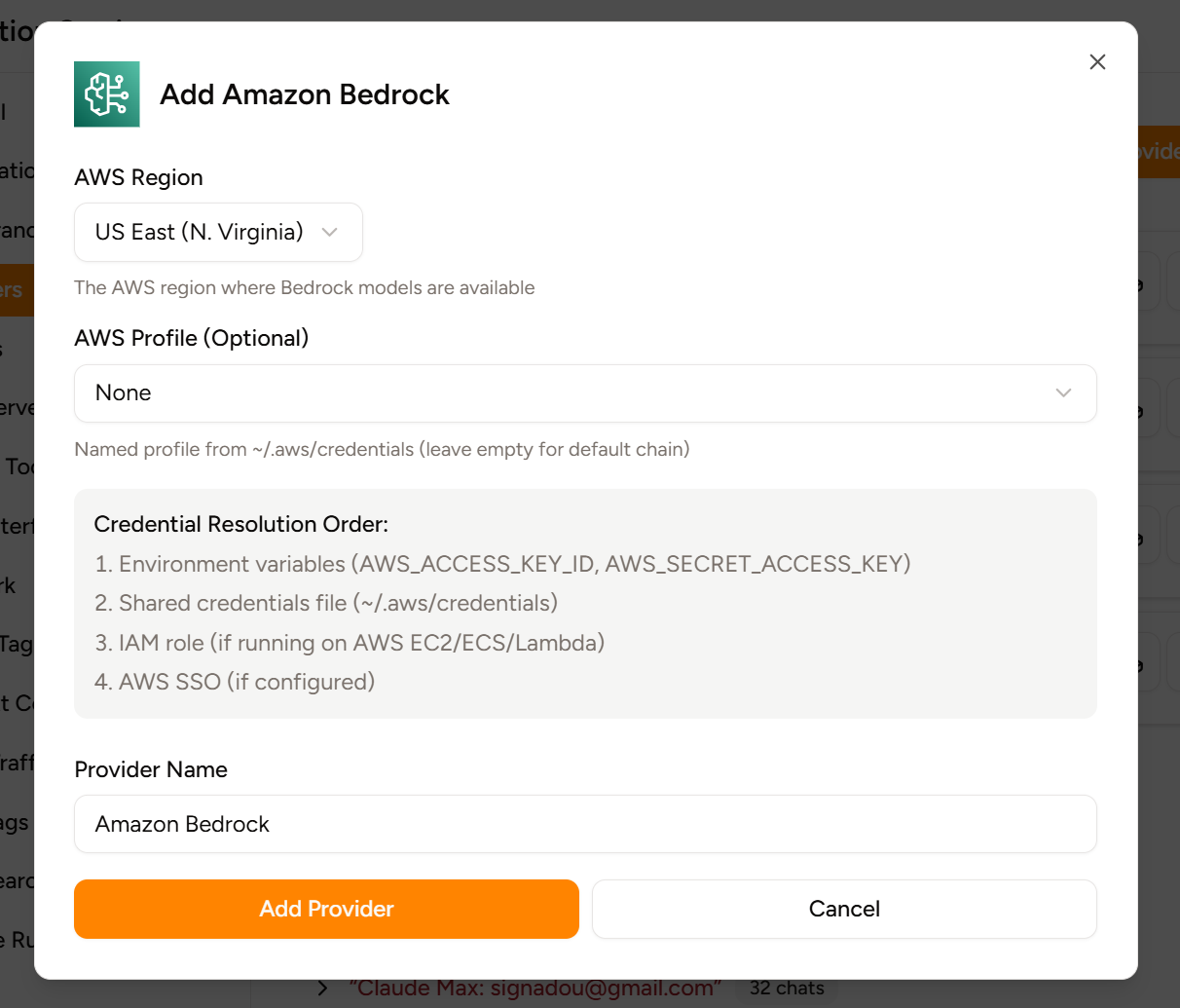 Screenshot showing the Create Amazon Bedrock Provider dialog