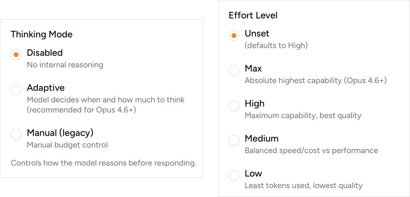 Screenshot of the new thinking configuration options